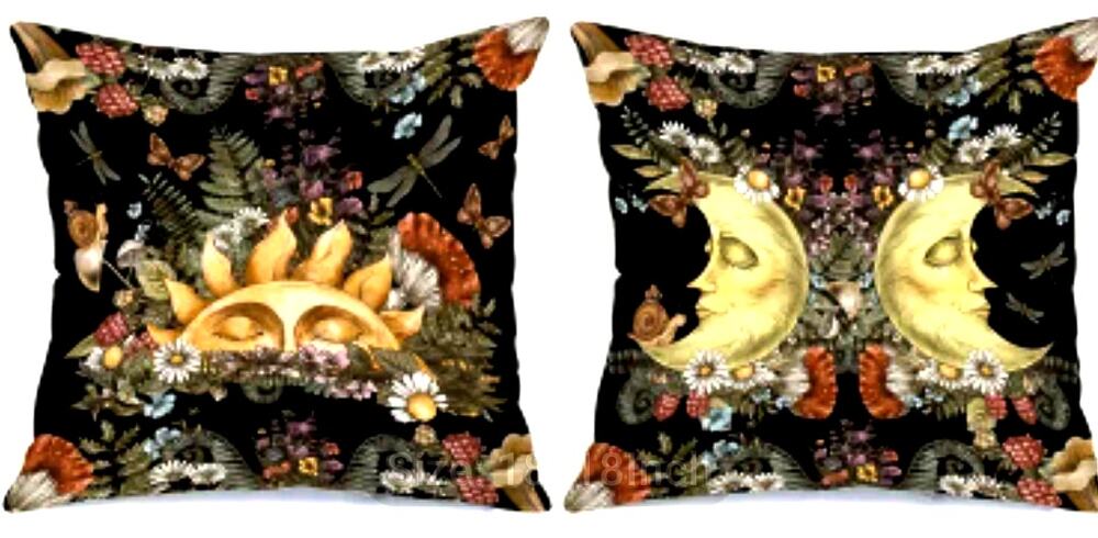 Moon & Sun Pillowcase Cover Only 18"x18" Retro Floral Boho Celestial Whimsigoth